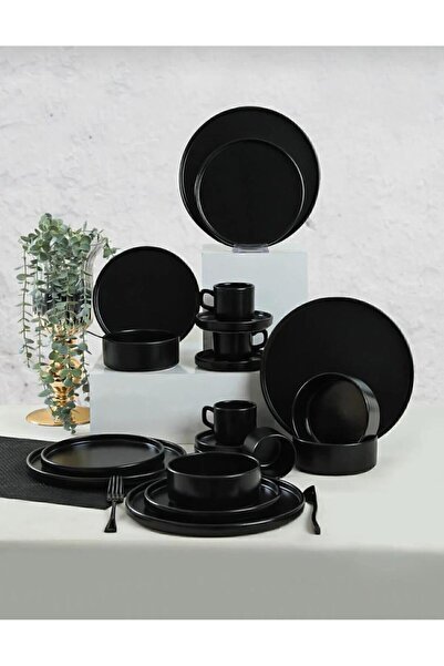 Keramika طقم أسود غير لامع مكون من 4 أشخاص - قابل للتكديس