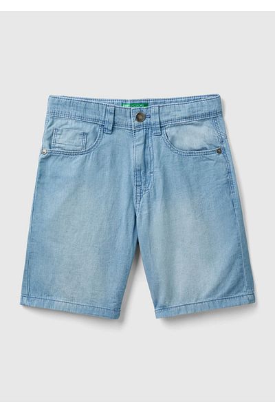 United Colors of Benetton Boy's 5 Pockets and Belt Holes Light Blue Logo Embroidered Denim Bermuda Shorts