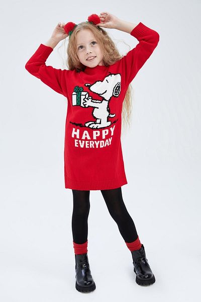 DeFacto New Year's Themed Snoopy Girl's Knitwear Dress - Crew Neck, Long Sleeve Y0586A622Cw