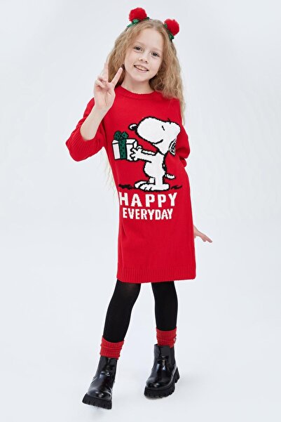 DeFacto New Year's Themed Snoopy Girl's Knitwear Dress - Crew Neck, Long Sleeve Y0586A622Cw