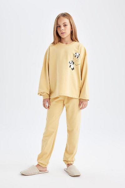 DeFacto Girls' Sleepwear Set with Bear Print - Long Sleeve, Elastic Waist, Long Bottom D5843A824Au