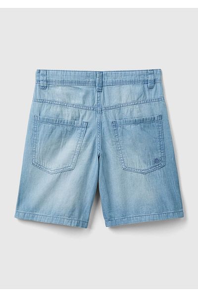 United Colors of Benetton Boy's 5 Pockets and Belt Holes Light Blue Logo Embroidered Denim Bermuda Shorts