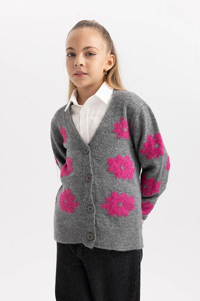 DeFacto V-Neck Floral Patterned Girl's Knitwear Cardigan - X9530A623Wn