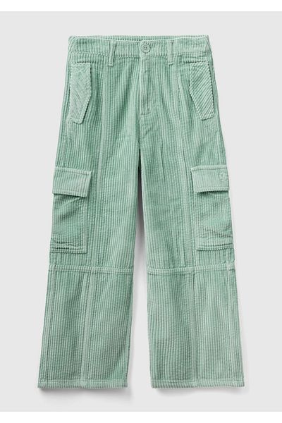 United Colors of Benetton Pantaloni de catifea cu picioare late, verde apă - fete, cu buzunare cargo