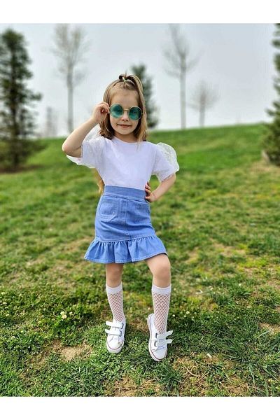 BESVİKA KİDS طقم بلوزة بيضاء بأكمام بالون وتنورة من الدنيم