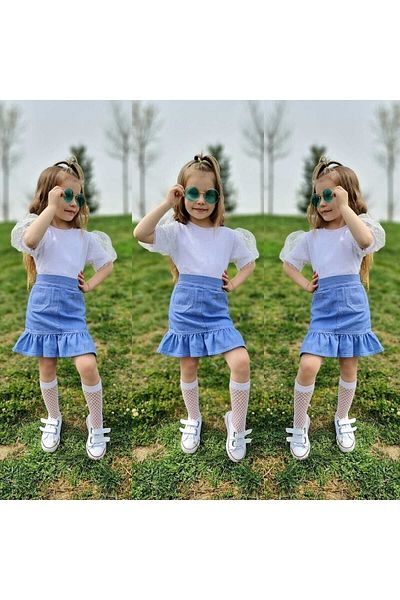 BESVİKA KİDS طقم بلوزة بيضاء بأكمام بالون وتنورة من الدنيم
