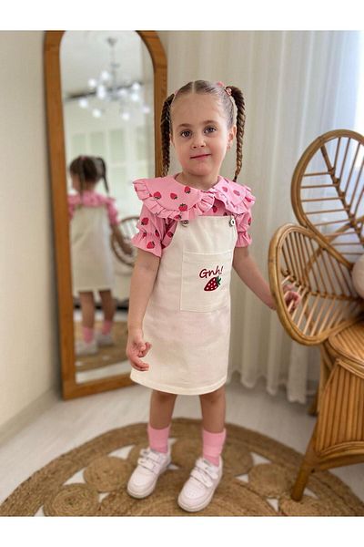 cengokıds Girl's Gabardine Gilet & Strawberry Patterned Blouse
