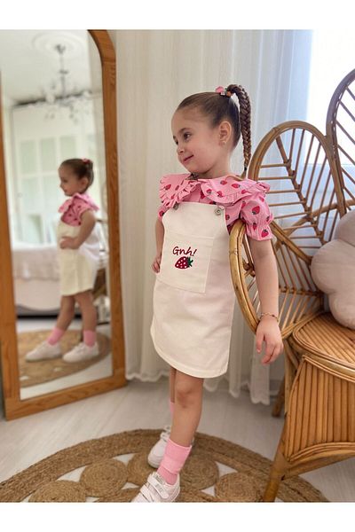 cengokıds Girl's Gabardine Gilet & Strawberry Patterned Blouse
