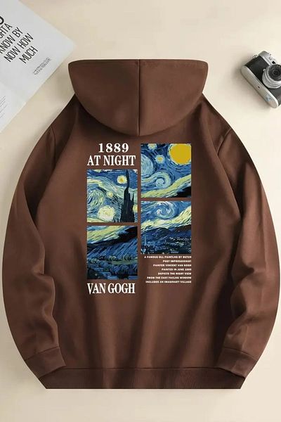 yueswear Кафяв плетен суичър с шарки на Van Gogh, унисекс
