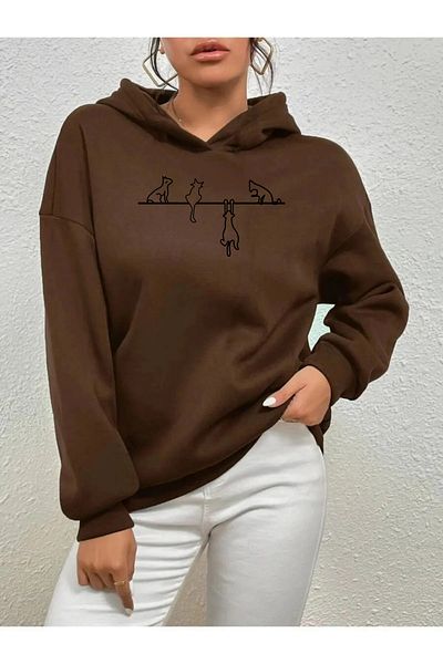 mw memowear Унисекс кафяв суитшърт 2ip - повдигната и плетена материя с котешки детайли