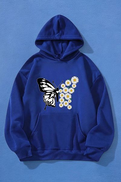 mw memowear Πλεκτό φούτερ Unisex Sax-Blue Flower-Butterfly με μοτίβο Raster
