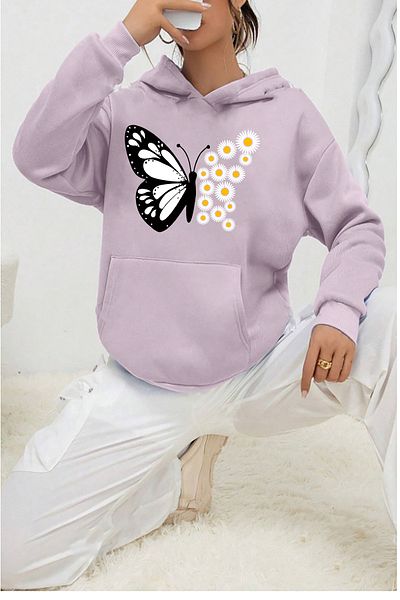 yueswear Unisex Πλεκτό φούτερ με μοτίβο λιλά λουλούδι-πεταλούδα