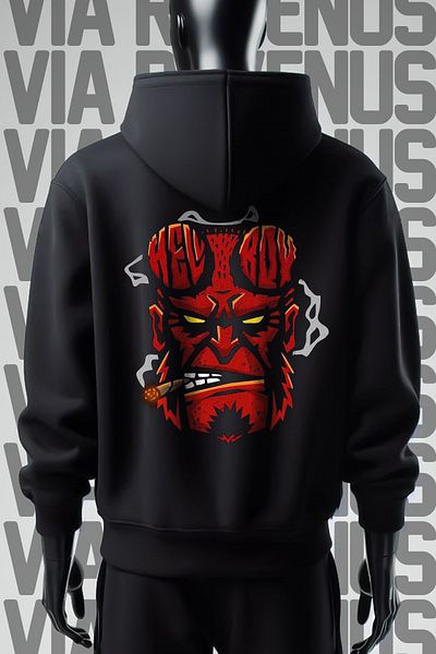 Vordevia Hanorac negru cu glugă cu imprimeu HellBoy - 3 fire Wide Fit