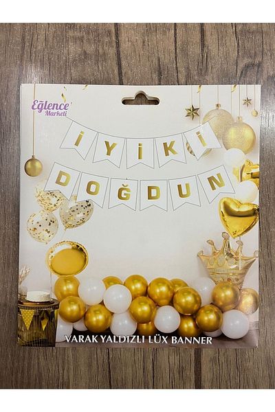 eğlencemarketi Happy Birthday Text Luxury Gilded Banner White Gold