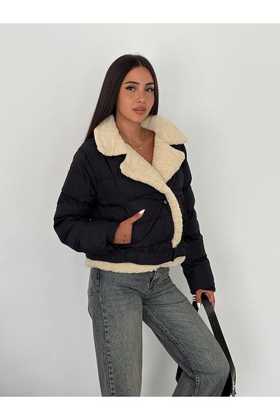diaves Black Crop Coat - Women's Shoes with Double Pockets and Fur Inside