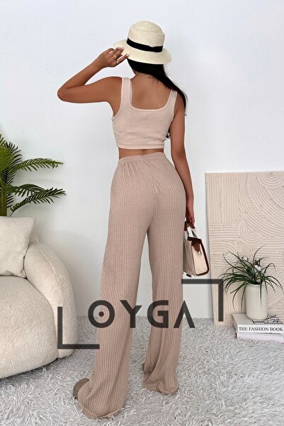 Oyga Krem Kadın Fitilli Palazzo Rahat Giyim Pantolon