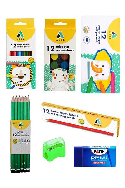 Adell Adel 12 Liters Dry Color - Water Color - Pastel Paint - Pencil - Red Pencil - Eraser 62 Pieces