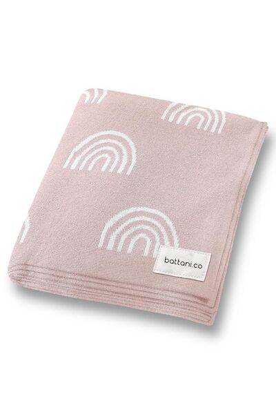 Battani.Co بطانية أطفال منسوجة من التريكو منقوشة للأطفال البنات والأولاد مقاس 90 سم × 110 سم باللون الوردي قوس قزح