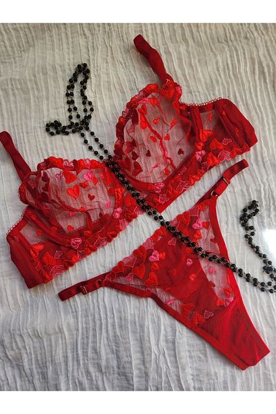 BY GUZEL Red Heart Underwire Bra Set