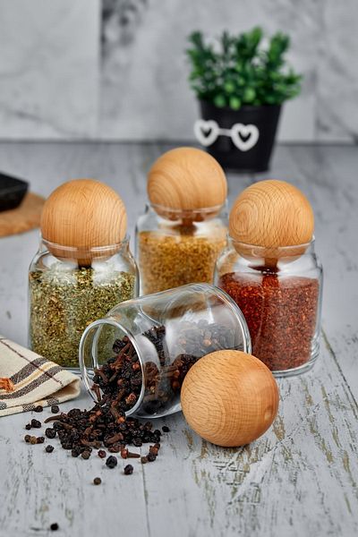 FBZhome 4-Piece Ball Lid Jar Set Glass Snack Bowl with Wooden Lid Sugar Bowl Spice Bowl