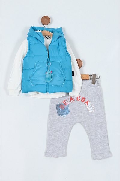 Ege Bebek 1-2-3-4 Years Old Boy Hooded Puffer Vest Seasonal 3 Piece Under-Upper Set
