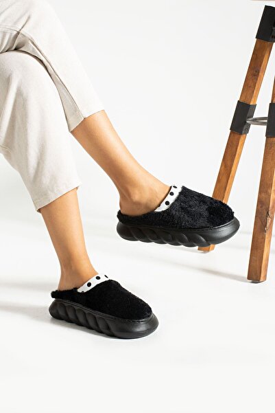 Moda Devrin Black Eva Sole Semi Polka Dot Plush Gondola Slippers