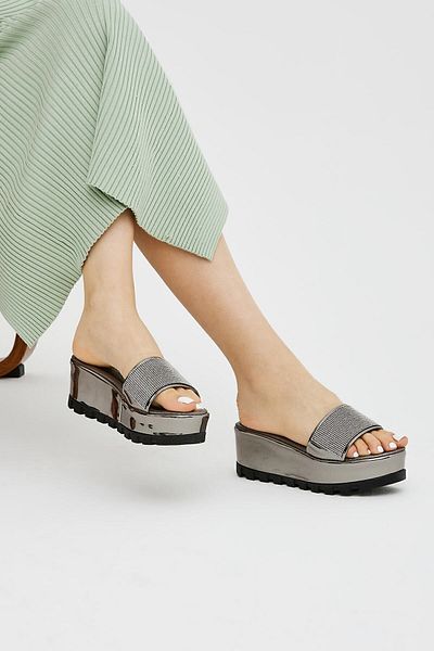 Moda Devrin Platinum Platinum Stone Flat Wedge Heeled Women's Slippers High Sole Slippers