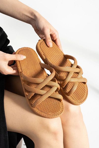 Moda Devrin Πακέτο 3 Παντόφλες Straw Look Σπίτι Εξωτερική Πισίνα Παντόφλες Μπάνιου Θάλασσας Σετ Πακέτο προίκας