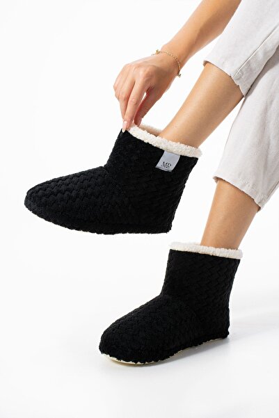 Moda Devrin Zik Zak Black Women's Slippers - Non-slip Base and Inner Fur