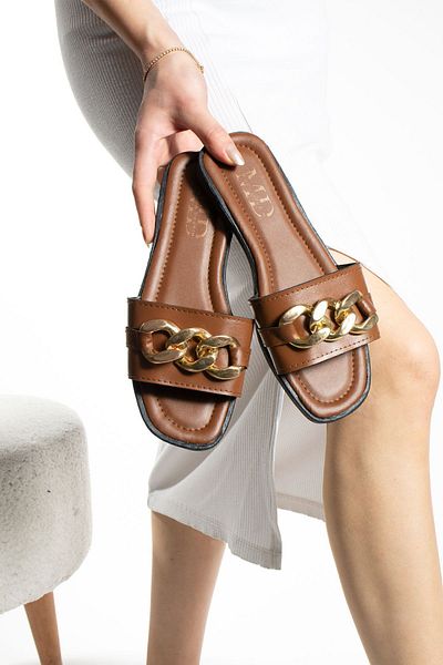 Moda Devrin Tan Chain Detailed Women's Slippers Outdoor and Home Slippers