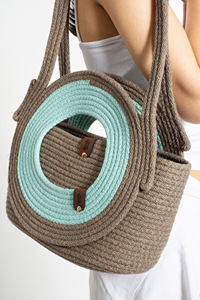 Moda Devrin Turquoise Mink Round Cotton Cord Rope Beach Bag Daily Bag