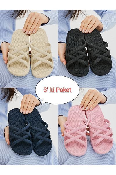 Moda Devrin Πακέτο 3 Παντόφλες Straw Look Σπίτι Εξωτερική Πισίνα Παντόφλες Μπάνιου Θάλασσας Σετ Πακέτο προίκας