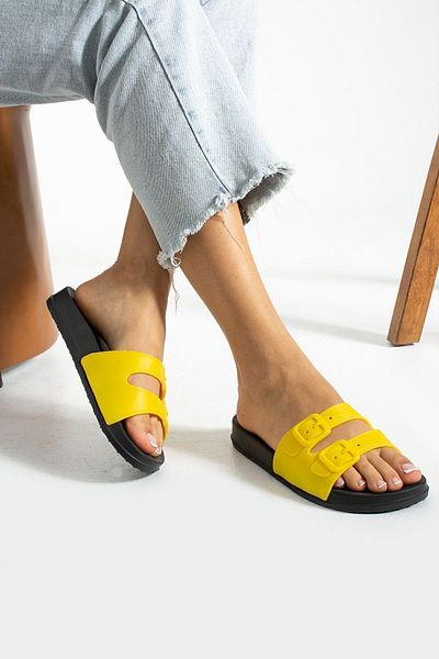 Moda Devrin Gz14310 Yellow Double Buckle Appearance Soft Extra Light Women's Eva Slippers
