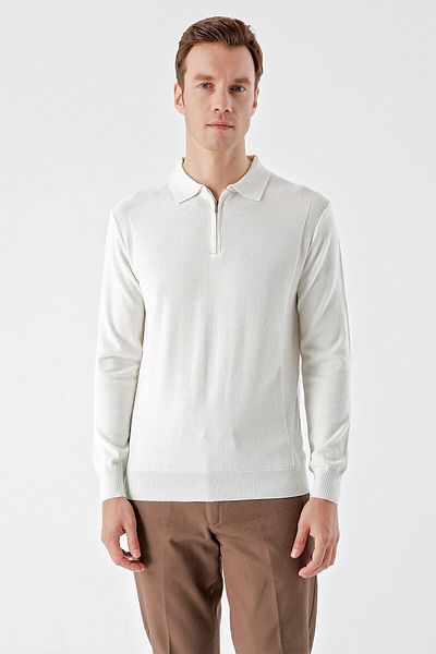 Morven Ανδρικά πλεκτά πλεκτά εκρού Trend Jacquard με φερμουάρ με λαιμόκοψη Dynamic Fit Relaxed Cut