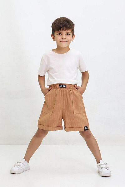 Kamex Pantaloni scurți unisex pentru copii - dungi, emblema, picior dublu, maro