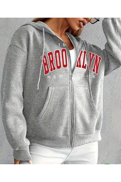 Boi Brooklyn 1898 Unisex Oversize Hooded Cardigan - Black Gray Printed Sweatshirt
