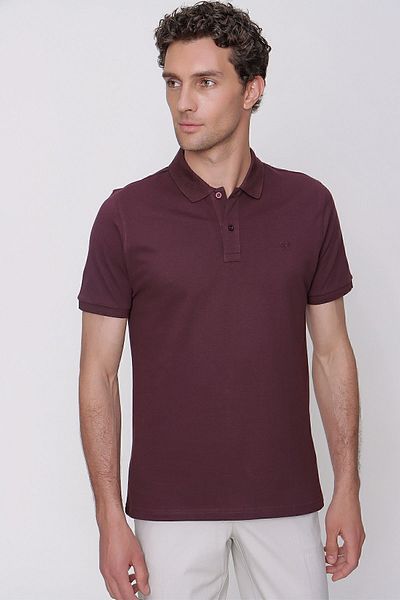 Morven Ανδρικό μπλουζάκι Plum Basic μονόχρωμο 100% βαμβακερό λεπτή εφαρμογή με κοντό μανίκι πόλο μπλουζάκι