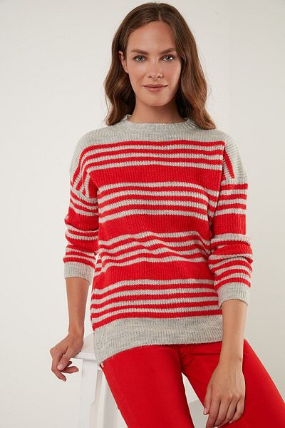 Lela Pulover de damă tricotat - dungi, guler zero, model4616115