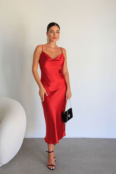 Julidress Premium Satin Red Midi Dress - Degaje Collar and Tight Detail