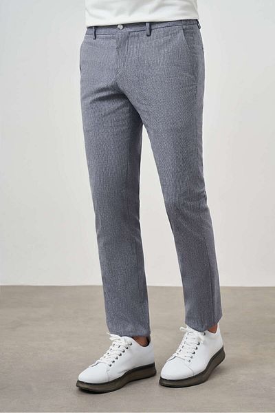 Morven Men's Navy Blue Sawa Patterned Polyviscon-Linen Slim Fit Trousers