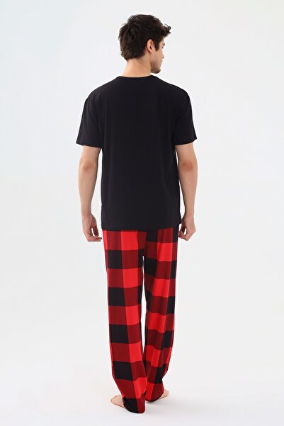 koza iç giyim Erkek Kısa Kollu Pamuklu Kırmızı Ekose Desenli Kombinli Pijama Takımı