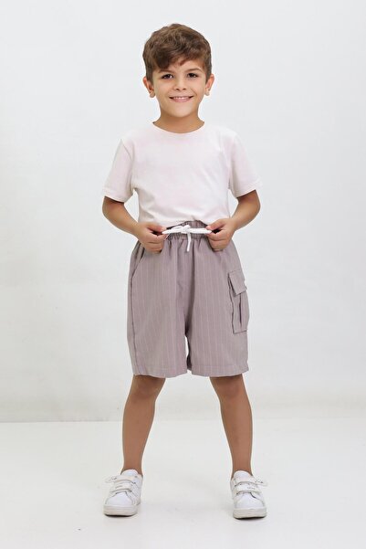 Kamex Çizgili Bağcıklı Yan Cepli Unisex Çocuk Şort Gri