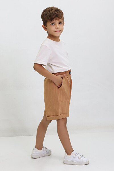 Kamex Unisex Children's Shorts - Striped, Embroidered, Double Leg, Brown