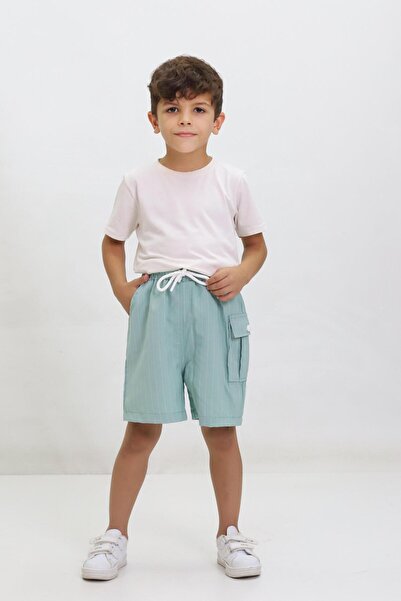 Kamex Çizgili Bağcıklı Yan Cepli Unisex Çocuk Şort Yeşil