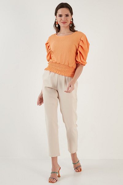 Lela Gipeli Crew Neck Balloon Sleeve Crinkle Stretchy Blouse Blouse 5865018