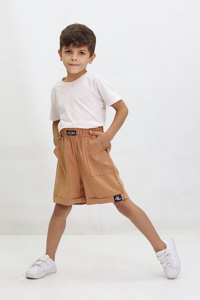 Kamex Pantaloni scurți unisex pentru copii - dungi, emblema, picior dublu, maro
