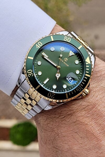 DAVID GUNER Kadranı Yeşil Kordonu Gold Gümüş Renk Takvimli Erkek Kol Saati