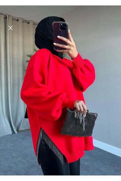 Sfg Life Moda تونيك تريكو كبير الحجم بفتحة رقبة دائرية وتفاصيل حجرية - كم بالون