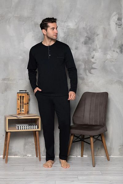 Huq Moda Μαύρες ανδρικές πιτζάμες - μακρυμάνικο, βαμβακερό χτενισμένο, χωρίς τσέπες