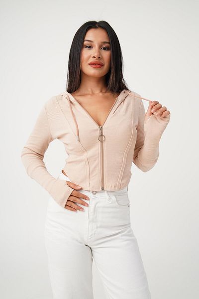 Hipo Trend Hooded Oval Cut Zippered Powder Cardigan